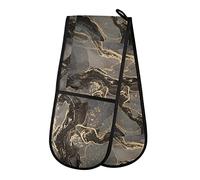 Black Gold Grey Marble Stone Marbled Mosaic with Golden Veins Lines Double Oven Mitt Gloves Extra Long Potholder High Heat Resistant for Baking Cooking Baking Grilling Handling Hots Pans 35"x7"