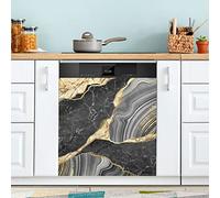 Black Gold Grey Marble Stone Marbled Texture Mosaic with Golden Veins Dishwasher Fridge Sticker Magnetic Door Front Cover, Reusable Refrigerator Magnet Sheet Kitchen Appliances Decor 23"x 26"