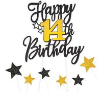 Black Gold Happy 14th Birthday Cake Toppers for Cake,Personalised Cake Toppers for Boy Men Girl Women Decorations,Glitter Cupcake Topper Cake Topper Kit 114th Birthday Party Cake Decoration Supplies
