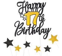Black Gold Happy 17th Birthday Cake Toppers for Cake,Personalised Cake Toppers for Boy Men Girl Women Decorations,Glitter Cupcake Topper Cake Topper Kit 17th Birthday Party Cake Decoration Supplies