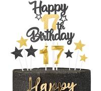 Black Gold Happy 17th Birthday Candles Cake Topper Set,Gold Number 17 Birthday Candles with Black Gold 17th Birthday Cake Toppers Star Cupcake Toppers for Girl Boy Birthday Anniversary Decorations