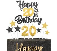 Black Gold Happy 20th Birthday Candles Cake Topper Set,Gold Number 20 Birthday Candles with Black Gold 20th Birthday Cake Toppers Star Cupcake Toppers for Girl Boy Birthday Anniversary Decorations
