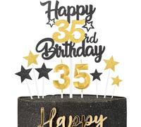 Black Gold Happy 35th Birthday Candles Cake Topper Set,Gold Number 35 Birthday Candles with Black Gold 35th Birthday Cake Toppers Star Cupcake Toppers for Men Women Birthday Anniversary Decorations