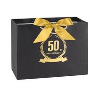 Black Gold Happy 50th Birthday Gift Bag with Greeting Handles and Ribbon Decorations Men Women 50 Year Old Birthday Gift Wrapping Bag for Party Favors Elegant Supplies