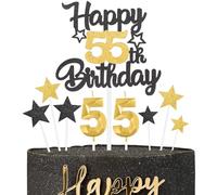 Black Gold Happy 55th Birthday Candles Cake Topper Set,Gold Number 55 Birthday Candles with Black Gold 55th Birthday Cake Toppers Star Cupcake Toppers for Men Women Birthday Anniversary Decorations