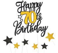 Black Gold Happy 70th Birthday Cake Toppers for Cake,Personalised Cake Toppers for Boy Men Girl Women Decorations,Glitter Cupcake Topper Cake Topper Kit 70th Birthday Party Cake Decoration Supplies