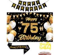 Black Gold Happy 75th Birthday Banner Backdrop Kit with Sash,Cake Topper-1.8m x 1.15m Birthday Decorations for Parties,Photography -Premium Party Supplies for Men Women (75th)