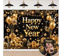 Black Gold Happy New Year Backdrop New Year Eve Party Banner Decorations | Black and Gold Balloon Gift Box 2027 New Year Photography Background