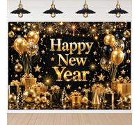Black Gold Happy New Year Backdrop New Year Eve Party Banner Decorations | Black and Gold Balloon Gift Box 2027 New Year Photography Background