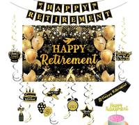 Black Gold Happy Retirement Banner Backdrop Kit with Sash,Funny Card Hanging Swirls Streamers,Cake Topper-1.5m x 0.9m Retirement Decorations Photography Party Supplies for Men Women