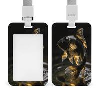 Black Gold Koi Badge Holder with Lanyard,Vertical Hanging Name Card Holder with Clear Window,Black Gold Koi ID Card Holder for Nurse Teacher Office Women Men