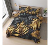 Black Gold Leaf Duvet Cover Sets, Tropical Leaves Modern Bedding King Size Bed Set 220x230 cm, Soft Reversible Microfiber Quilt Cover & 2 Pillowcases, Zipper Closure S-4