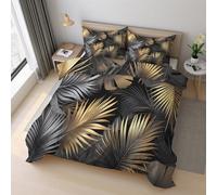Black Gold Leaf King Size Duvet Cover Set, Tropical Leaves Bedding Set 220x230cm, Microfiber Soft Reversible Quilt Cover + 2 Pillowcase, Zipper Closure, Bedroom Decor S-5