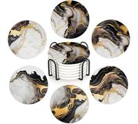 Black Gold Marble 6Pack Ceramic Drink Coasters,Quick-Absorb Stone Coasters with Anti-Slip Cork Backing & Metal Holder, Table Protectors for Kitchen Bar