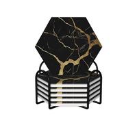 (Black Gold Marble) Ceramic Coasters Set Of 6 Hexagon Absorbent Drink Coasters With Holder For Home Office Bar Restaurant