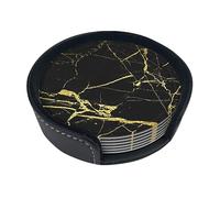 Black Gold Marble Coasters For Drinks, 6 Pcs Leather Coaster With Holder, Round Cup Mat Pad Set For Home And Kitchen 3.9 Inches