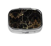 Black Gold Marble Print Square Metal Pill Box Decorative Pill Case - Carry Your Meds in Style (Rectangular)