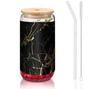 Black Gold Marble Printing 16oz Drinking Glasses with Lids and Straws,Cute Water Glasses for Juice,Beer,Coffee,Tea
