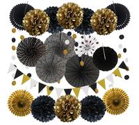 Black Gold Party Decoration, Gold Black Hanging Paper Fans, Pom Poms Flowers, Garlands String Polka Dot and Triangle Bunting Flags for Wedding Birthday Graduation Christmas Party Decorations 20 Pcs