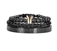 (black&gold) Polished Crown Bracelet Set with Pineapple Bead Roman Numeral Bangle & Twisted Rope Bracelet