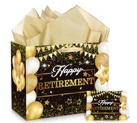 Black Gold Retirement Gift Bag with Tissue Paper and Greeting Card, 11.8'' Happy Retirement Wrapping Paper Retired Wrap Bag for Women Men Farewell Party Decorations Goodie Bag Presents Decor Supplies