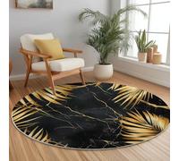 Black Gold Round Area Rug Not Easy to Shed Hair, Abstract Illustration Palm Leaves Soft Skin-Friendly Low-Pile Rugs with Non-Slip Backing, Circle 180 cm Carpet for Living Room Bedroom Bedside Kids