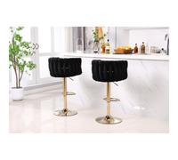 (Black/Gold) Set of 2 x Velvet Woven Upholstered Adjustable High Swivel Breakfast Bar Pub Home Stool Chair With Gold Metal base & Gas Lift