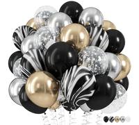 Black Gold Silver Balloon Set, 12 Inch Marble Black and Metallic Chrome Gold Silver with Clear Star Print Grad Latex Balloons for Boy Girls Birthday Party Graduation Retirement Baby Shower Decorations