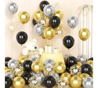 Black Gold Silver Balloons,50 Pcs 12 Inch Black Metallic Gold Silver Confetti Latex Balloons with 2 Ribbons for Birthday Wedding Bridal Baby Shower Graduation Party Decorations