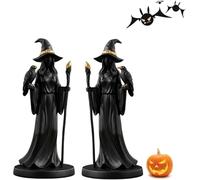Black Gold Staff Witch Sculpture, Gothic Halloween Witch Holding Scepter Statue, Resin with Raven and Hat Witch Decor, Mysterious Curse Theme Statues with Gold Accents for Home Decoration (2 pcs)