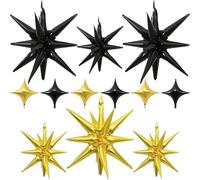 Black Gold Star Balloons 12pcs, One-Piece, 27/22 Inch Foil Star Explosion Balloons, Large Spike Mylar Cone Balloon, Fireworks Shape Balloon Decor for Retirement Anniversary New Year Wedding