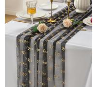 Black Gold Table Runner 10FT Gauze Cheesecloth Table Runner Glitter Bow Metallic Foil Sheer Dining Wedding Anniversary Holiday Birthday Table Decor for Home Party