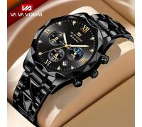 (black,gold) Va Va Voom Quartz Watch Men Top Brand High Quality Stainless Steel 30m Waterproof Luminous Date Week Sports Business Wristwatches
