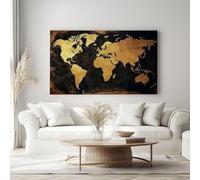 Black Gold World Map Canvas Prints Wall Art 70 x 50 cm - Elegant Framed Posters for Home Office Bedroom & Living Room Decorations, Retro Canvas Artwork