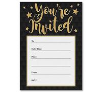 Black/Gold 'You're Invited' Party Invitations - Pack of 16 A6 Cards (With Envelopes)
