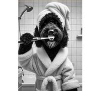 Black Golden Doodle Funny Bathroom Print - Dog Brushing Teeth Animal Wearing Dressing Gown Bath Robe Toilet Bath Loo Wall Art Picture Sign - Dog Wall Art (Black & White, 8 x 10 inches)