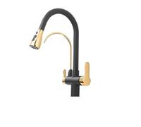 Black Golden Kitchen Faucet, Dual Handle Pull Down Kitchen Sink Tap, Water Purification Mixer, 2 Swivel Spouts, Bridge Mount Design for Modern Kitchens