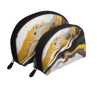 Black Golden Marble Ink Portable Shell Cosmetic Bag Set - Travel Makeup Organiser with Zipper & Inner Compartments
