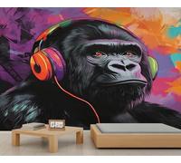 Black Gorilla Mural Cartoon Gorilla Wall Murals Watercolor Hip Hop Graffiti Mural Cartoon Wildlife Wallpaper Not Peel and Stick Wallpaper for Bedroom Living Room 365 x 254 cm
