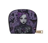 Black Goth Spooky Printed Leather Half Circle Card Wallet Zipper Card Case Holder, Compact Stylish for Men and Women