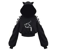 Black Gothic Crop Tops Women Hoodies Punk Sweatshirt Off Shoulder Lace Up Hooded Pullover Cat Ear Short Style Tracksuit Female