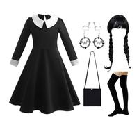 Black Gothic Dress Up Outfit for Girls, Kids Theme Cosplay Costume Party Fancy Dress Accessories With Wig, Belt, Socks, Earrings for Carnival Halloween, World Book Day 2-11