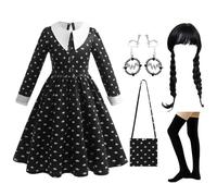 Black Gothic Dress Up Outfit for Kids - Theme Cosplay Costume with Wig, Bag, Socks, Earrings for Carnival & Halloween Parties, World Book Day Costumes for Girls 2-11
