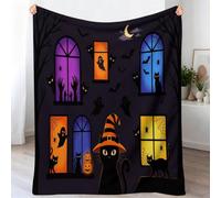 Black Gothic Flannel Fleece Bed Blanket Throw, Black Cat Witch Hat Bat Ghost Moon Print Lightweight Cozy Blanket, Plush Blankets for Adults Bedroom Living Room Sofa Couch, 100 x 130 cm