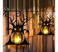 Black Gothic Metal Lantern ,Spooky Tree & Bat Ghost Pattern Hanging Light for Indoor Outdoor Garden Halloween Decoration