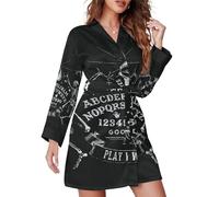 Black Gothic Skeleton Magic Witch Ouija Board Women's Long Sleeve Nightgown V-Neck Sleepwear Bathrobe With Belt