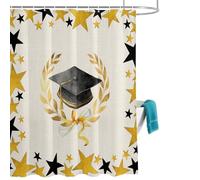 Black Graduation Cap Shower Curtain for Bathroom, Modern Gold Star Border Minimalism Vintage Waterproof Cloth Fabric Bathroom Accessories Set with 12 Rust Proof Plastic Hooks, 72” x 78”
