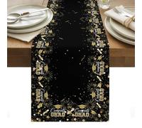 Black Graduation Cap Table Runner 13 x 72 Inch, Gold Stars Academic Diploma Interactive Washable Cotton Linen Dining Table Runner Tabletop Decorations for Restaurant Home Kitchen Party