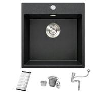 Black Granite Kitchen Sink 48x50cm, Single Basin 30cm Undermount Small Single Bowl, Mini Basin Outdoor Rv with Strainer Waste & Overflow Kit, Roll-up Rack and Siphon