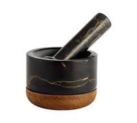 Black Granite Mortar Pestle Stone Grinder Set With Wooden Base Solid Marble Stone Grinder Bowl Holder
